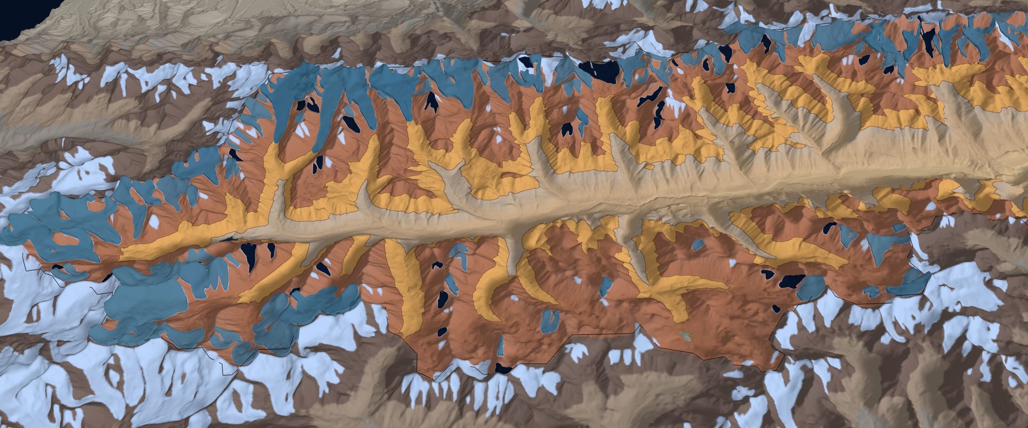 The Chon-Kemin valley on a 3D relief model, its glaciers drawn in blue along the ridge with the permafrost band in ochre. Source: KG Labs