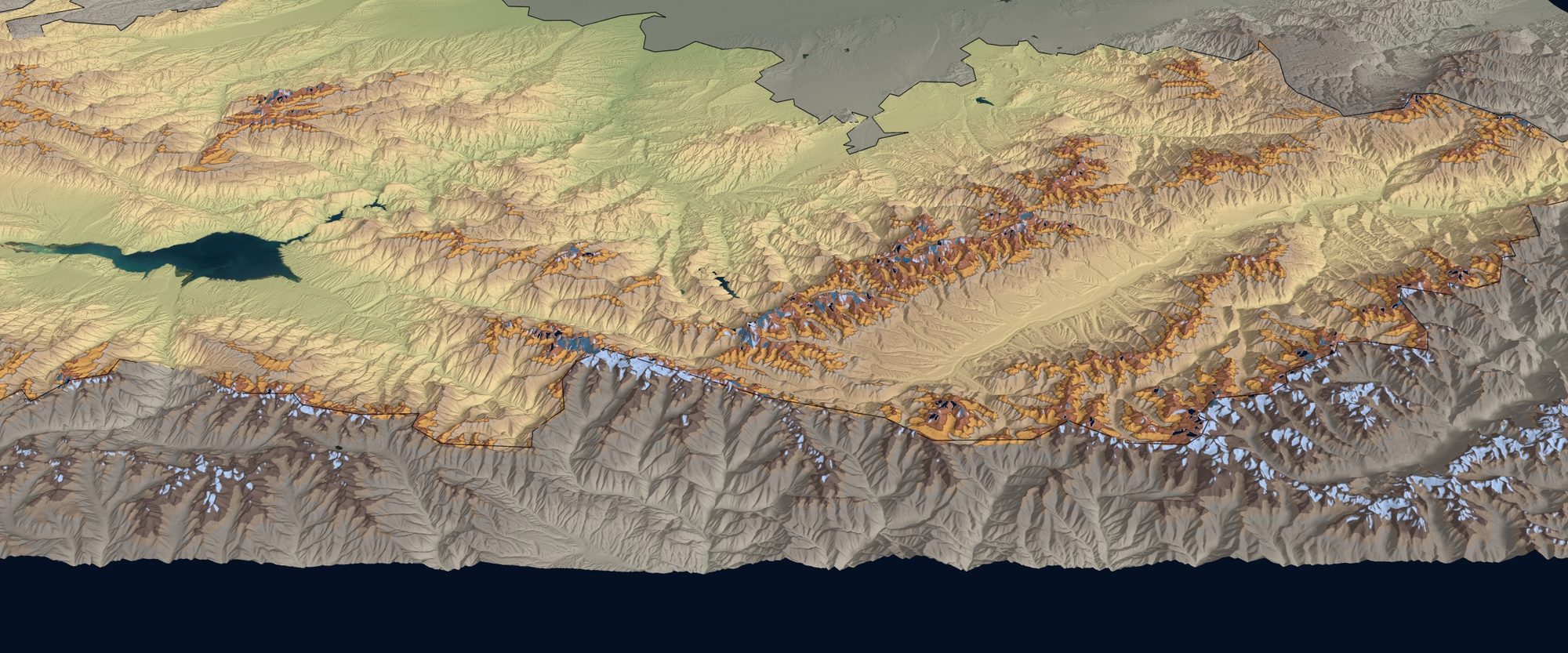 Ranges above Jalal-Abad on a 3D relief model, with Toktogul reservoir at the left and the permafrost band picked out in ochre. Source: KG Labs