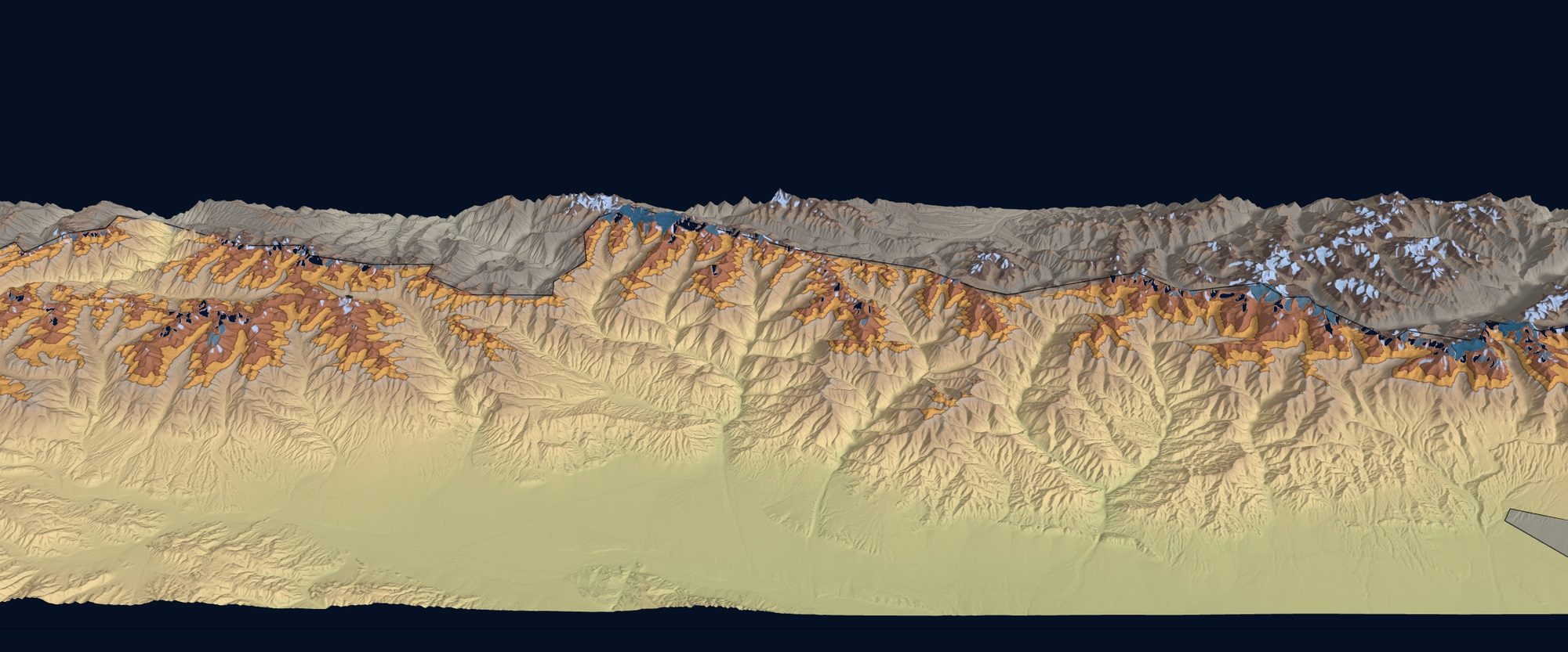 The Talas range on a 3D relief model, seen from the south, ice and permafrost along the crest above the valley floor. Source: KG Labs