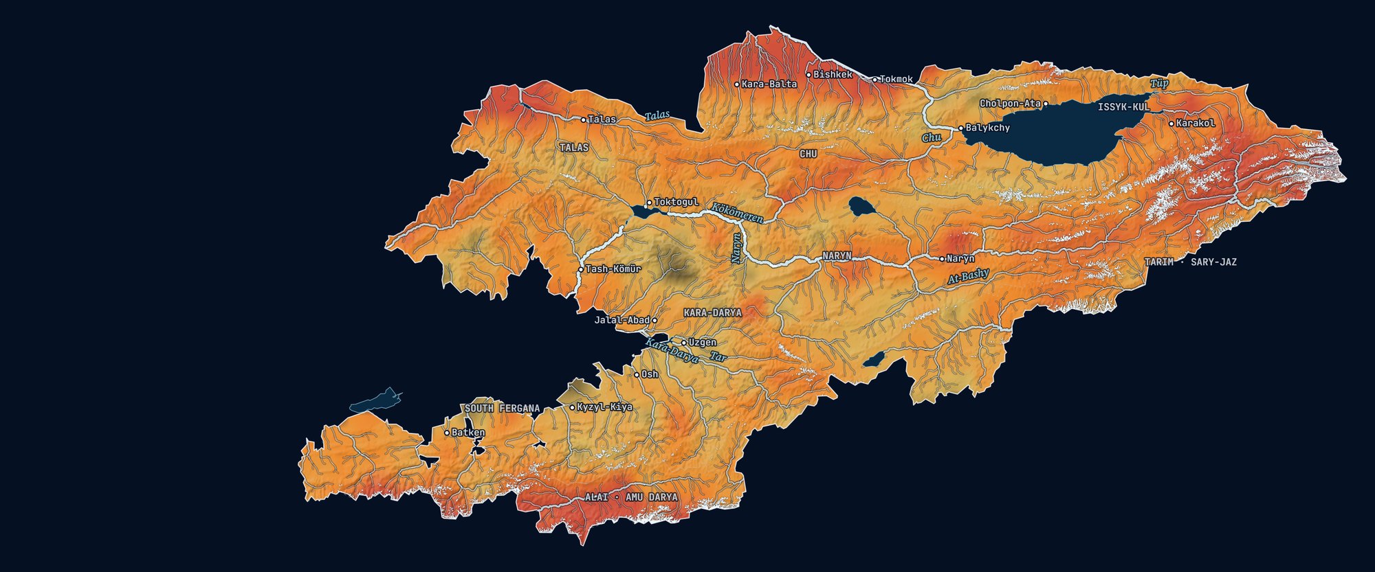 Map of Kyrgyzstan coloured by summer 2025 temperature against 1951–1980, ochre to red, with rivers, lakes, glaciers, towns and river-basin names. Source: KG Labs