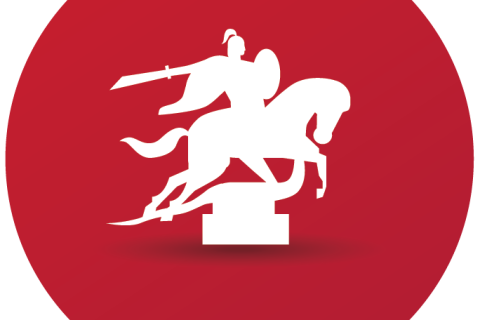A red circular icon with a white silhouette of a knight on a horse.