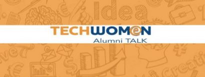 TechWomen Alumni Talk banner with doodles and text