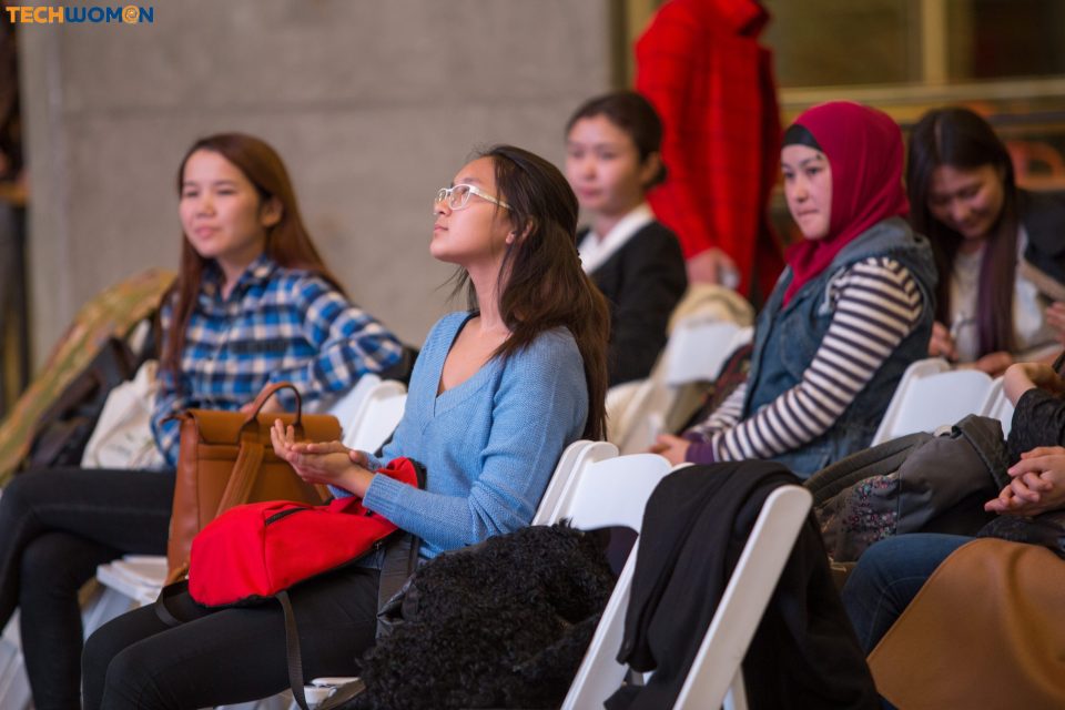 Participants at a TechWomen event in Bishkek, Kyrgyzstan, listening attentively.