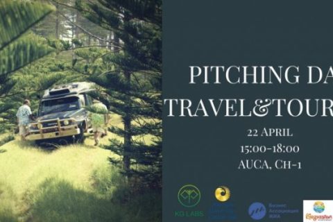 Pitching Day Travel&Tourism event banner with a vehicle in a forested area.