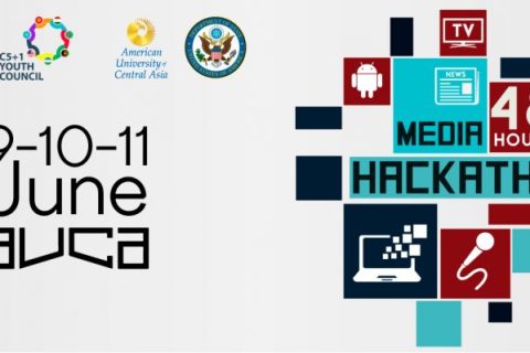 Media Hackathon banner with logos and dates for June 9-11, 2017, in Bishkek, Kyrgyzstan.