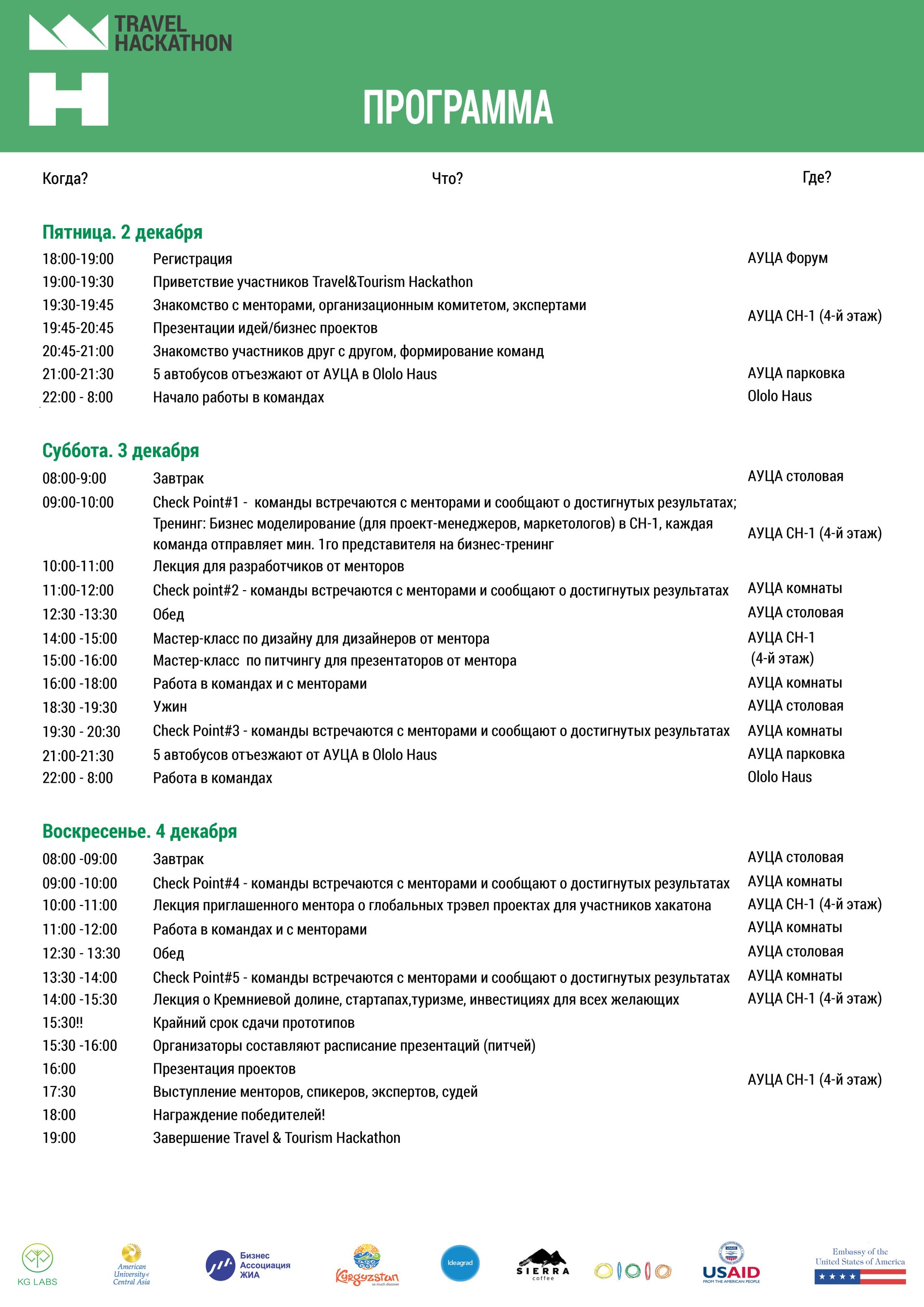 Travel Hackathon schedule poster with event details and logos.