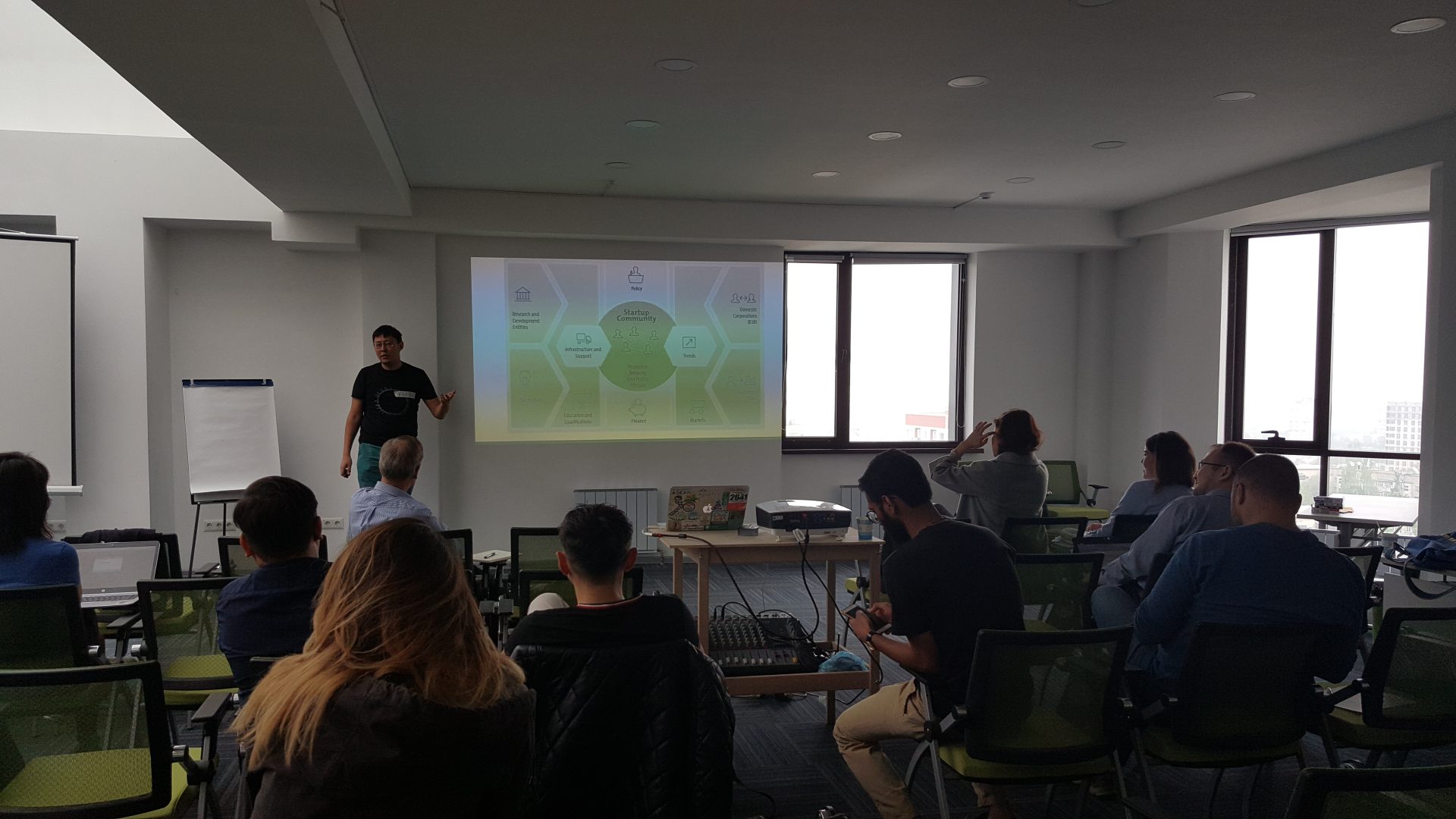 A workshop or training session is taking place in a room with participants seated and a presenter standing in front of a projector screen.