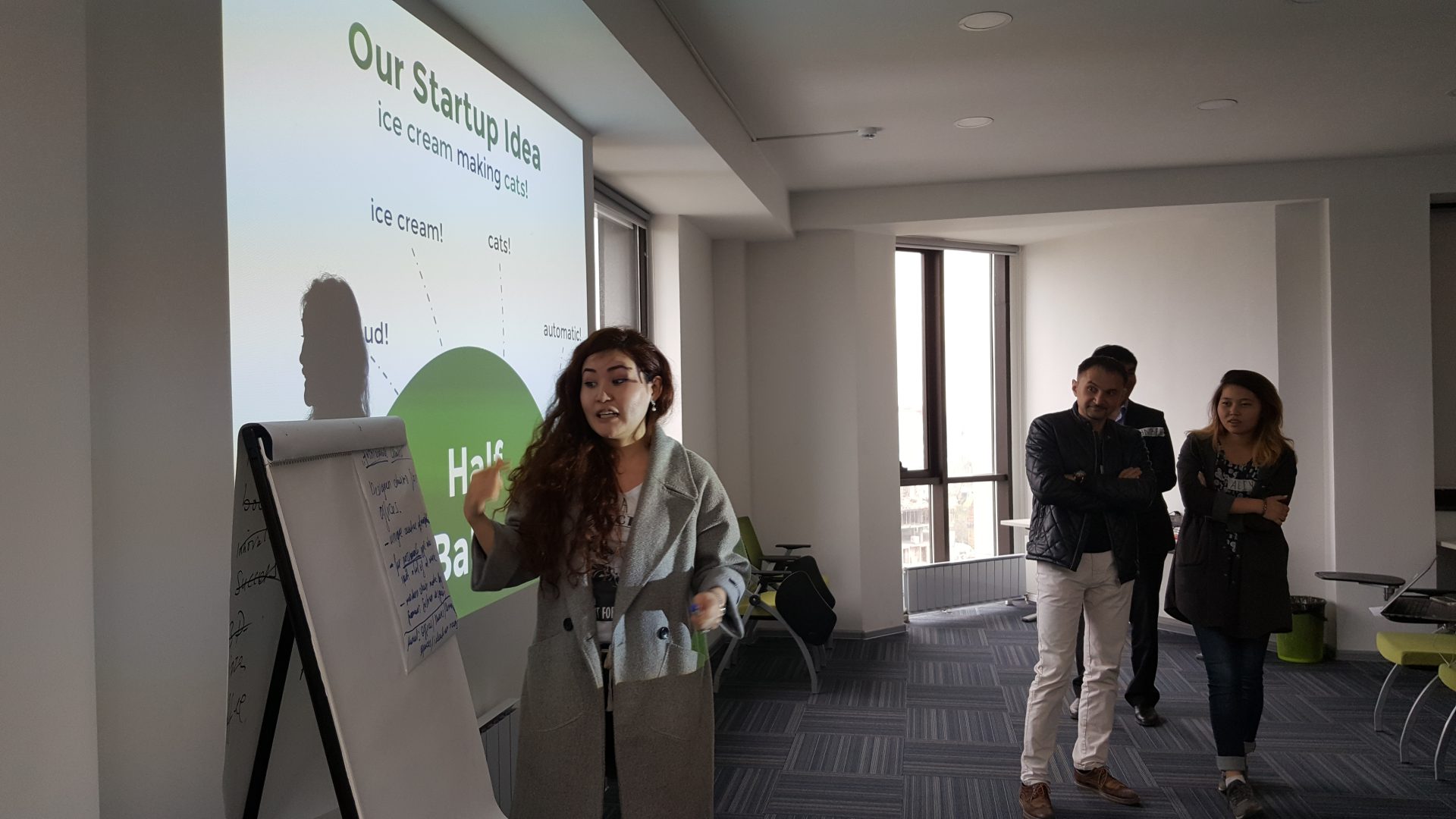 A person giving a presentation on a startup idea involving cats making ice cream.
