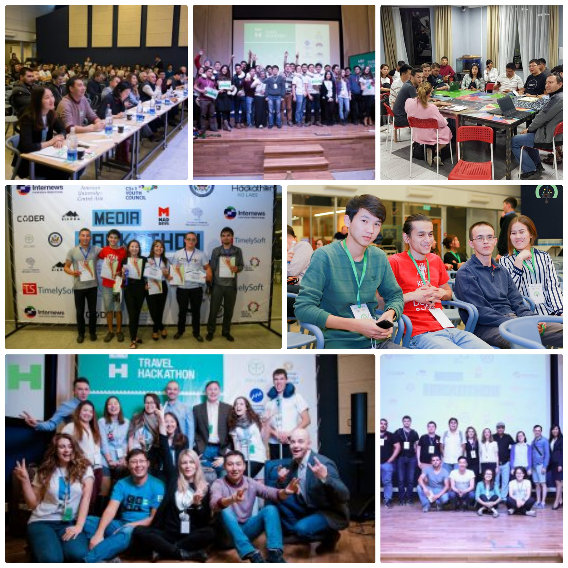 A collage of images from a hackathon event in Bishkek, Kyrgyzstan, showcasing participants, awards, and team photos.