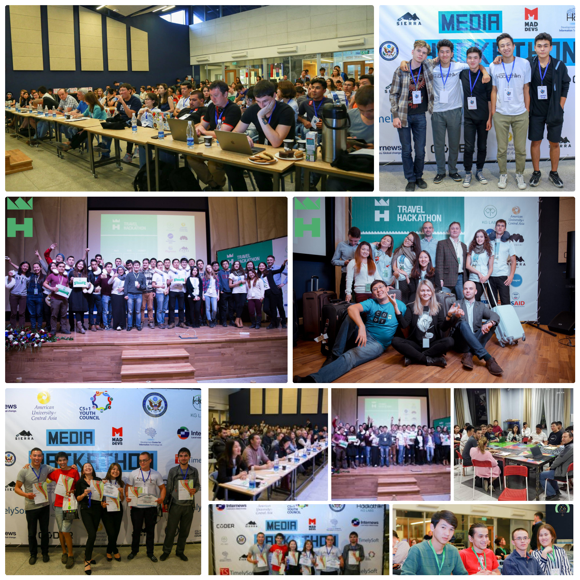 Participants at a hackathon event in Bishkek, Kyrgyzstan, working on projects and posing for group photos.