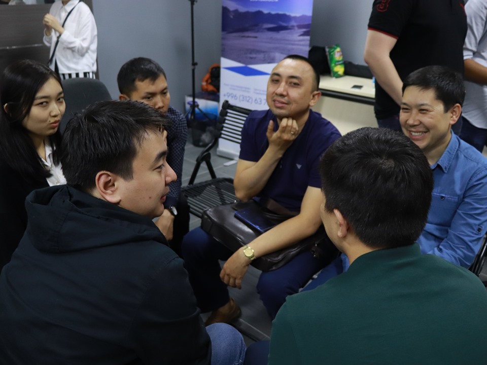 Participants practicing their pitch at a master class on pitching in Bishkek, Kyrgyzstan.