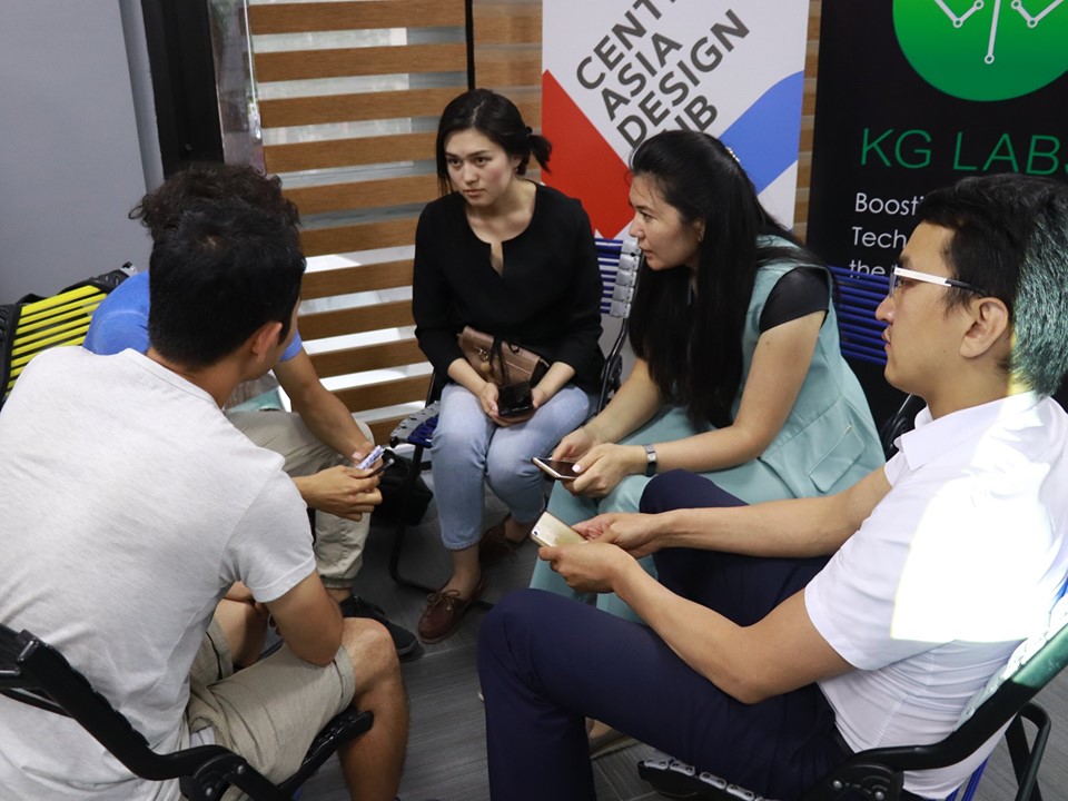 Participants practicing pitch at a master class on pitching in Bishkek, Kyrgyzstan.