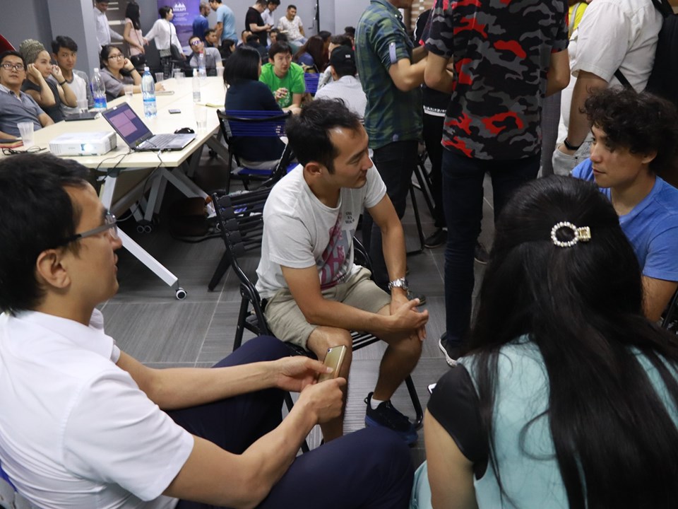 Participants practicing their pitch at a master class on pitching in Bishkek, Kyrgyzstan.