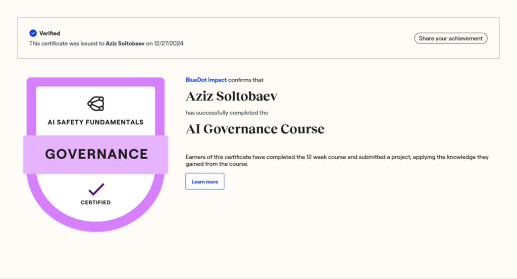 AI Safety Fundamentals Certificate Aziz Soltobaev