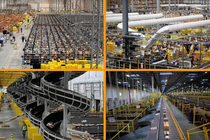 Four interior views of Amazon fulfilment centres — the physical infrastructure that turns a Central Asian seller's wholesale shipment into a Prime-delivered order in two days. Most SMEs in the audience had never seen what the fulfilment-by-Amazon side of the operation actually looks like. Source: presentation deck, May 2022.