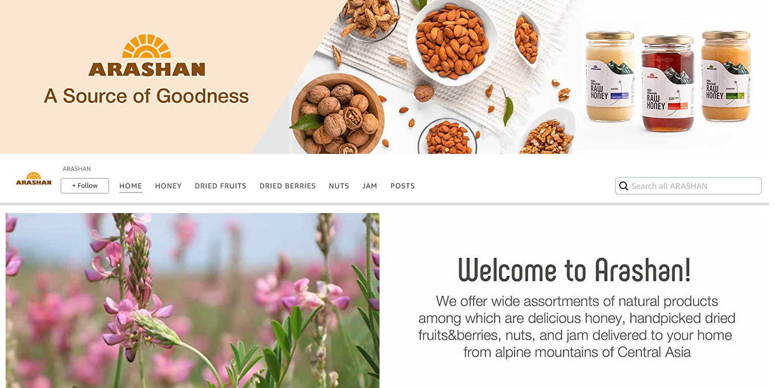 The Arashan brand storefront on Amazon-US — amazon.com/stores/ARASHAN — showing the navigation across honey, dried fruits, dried berries, nuts, and jam product categories. The screenshot the deck used to demonstrate what a working Central Asian e-commerce brand on Amazon actually looks like. Source: presentation deck, May 2022.