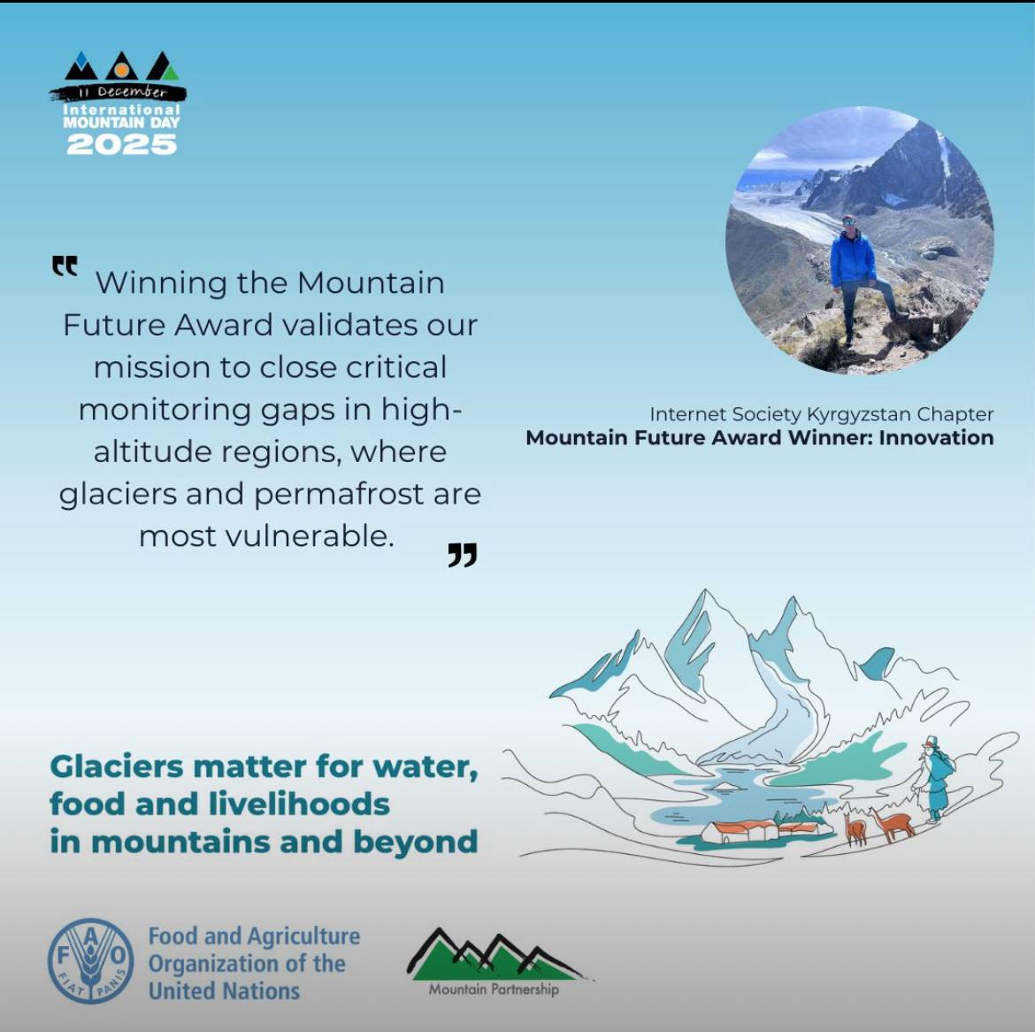 Mountain Future Award 2025 ceremony at FAO headquarters, Rome, on International Mountain Day. The Innovation category was given for our Pan-Third Pole climate-monitoring deployments.